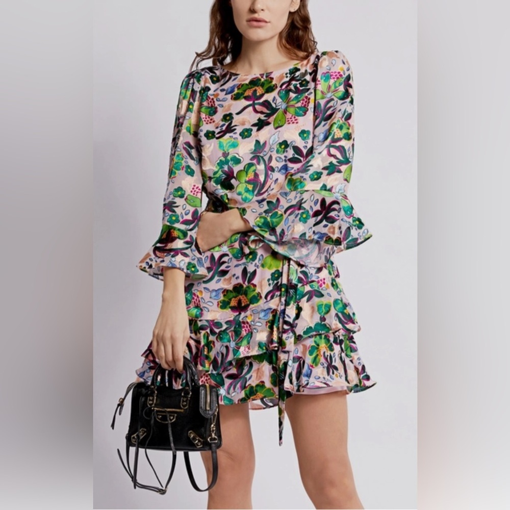 SALONI Silk Floral Ruffle Mini Dress Multicolor Light Pink Lined Slip Size 8 - Picture 4 of 13